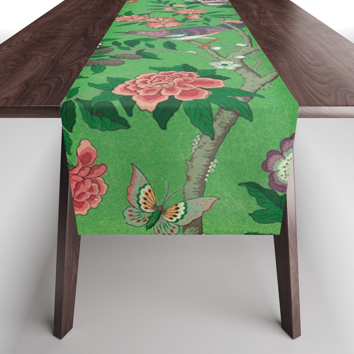 Chinoiserie Magpie Botanical Garden Bright Green Table Runner Gallery Image 1