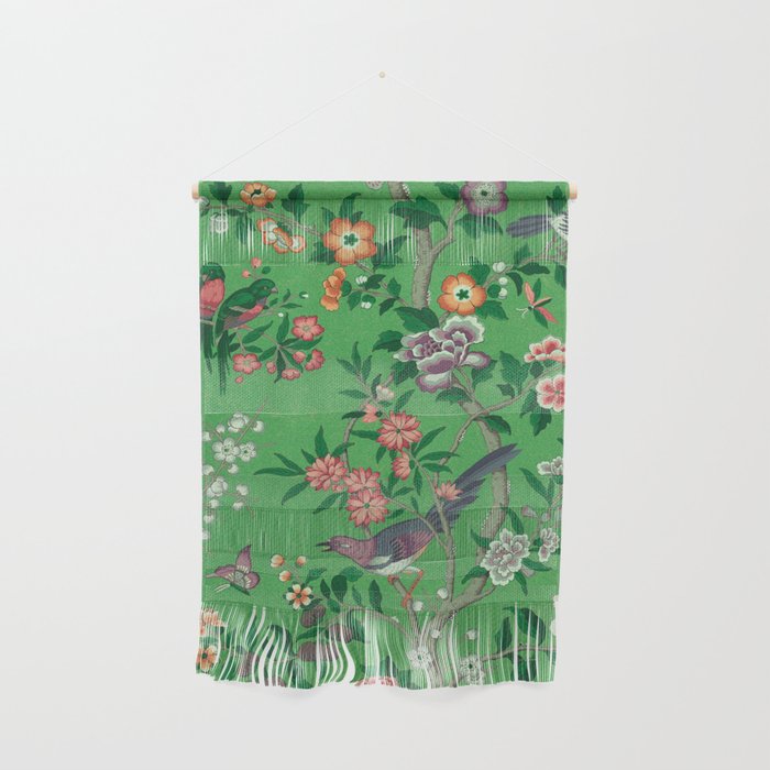 Chinoiserie Magpie Botanical Garden Bright Green Wall Hanging Gallery Image 1