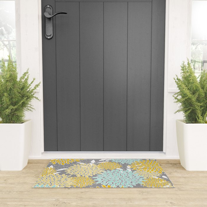 Floral Prints and Leaves, Gray, Yellow and Aqua Welcome Mat Gallery Image 3