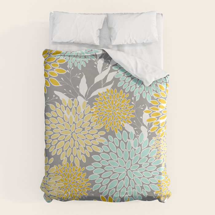 Floral Prints and Leaves, Gray, Yellow and Aqua Duvet Cover Gallery Image 6