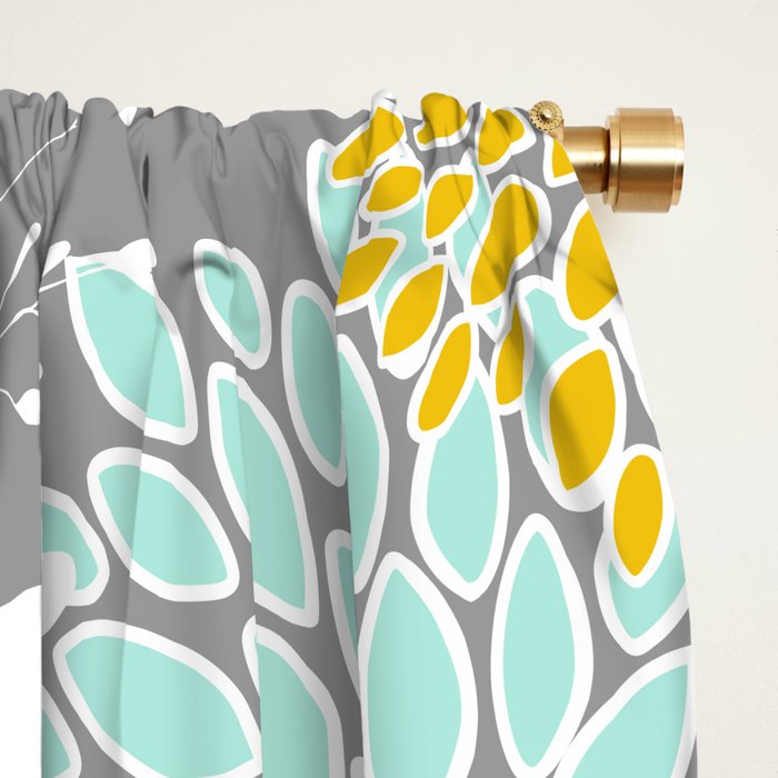 Floral Prints and Leaves, Gray, Yellow and Aqua Window Curtain Gallery Image 2