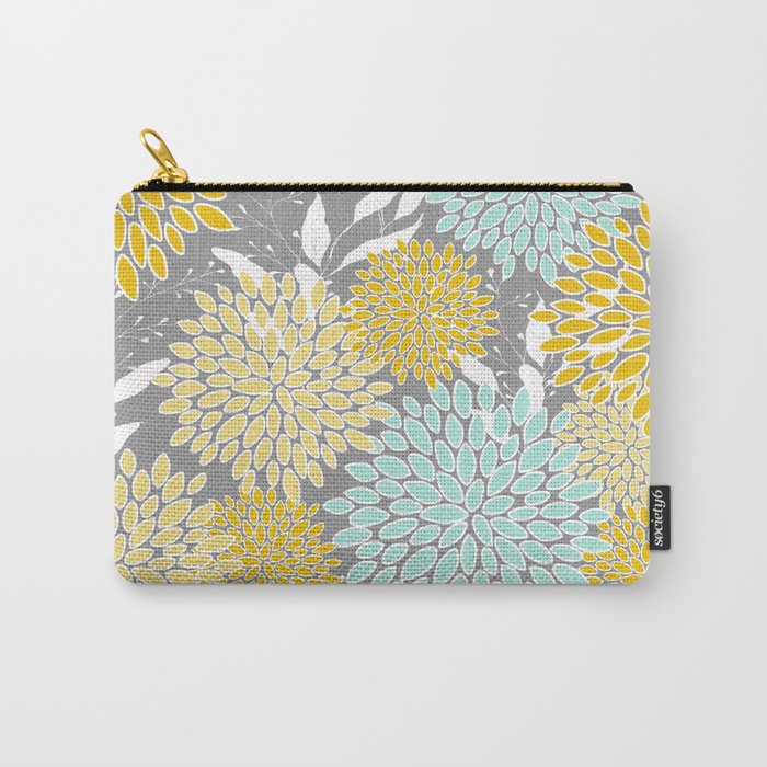 Floral Prints and Leaves, Gray, Yellow and Aqua Carry All Pouch Gallery Image 1