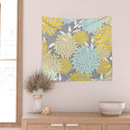 Floral Prints and Leaves, Gray, Yellow and Aqua Wall Tapestry Gallery Image 2