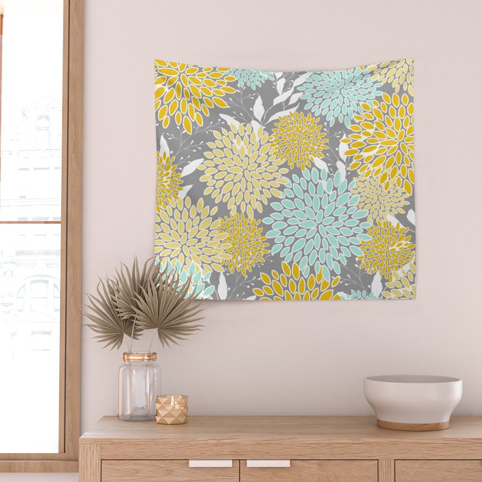 Floral Prints and Leaves, Gray, Yellow and Aqua Wall Tapestry Gallery Image 2