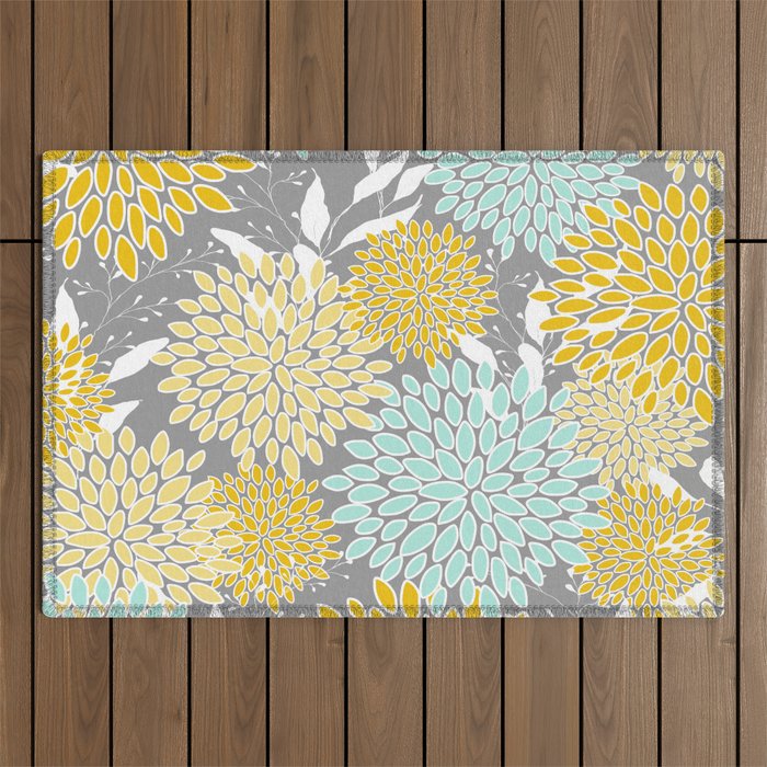 Floral Prints and Leaves, Gray, Yellow and Aqua Outdoor Rug Gallery Image 1