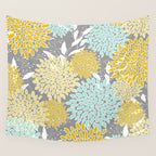 Floral Prints and Leaves, Gray, Yellow and Aqua Wall Tapestry Gallery Image 4