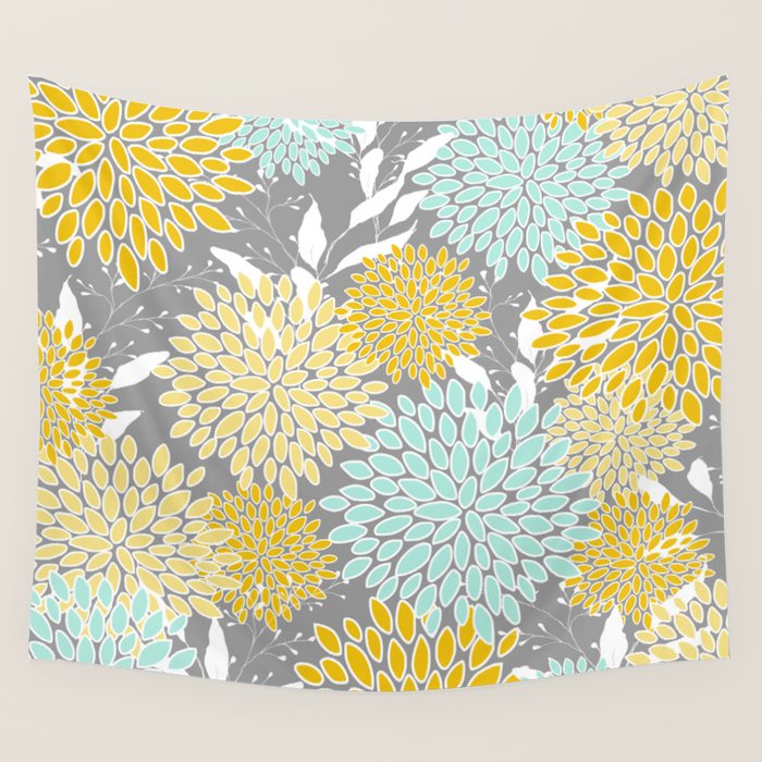 Floral Prints and Leaves, Gray, Yellow and Aqua Wall Tapestry Gallery Image 4