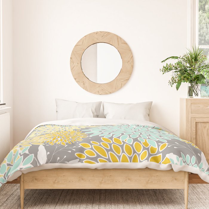 Floral Prints and Leaves, Gray, Yellow and Aqua Duvet Cover Gallery Image 3