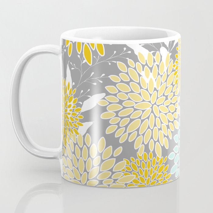 Floral Prints and Leaves, Gray, Yellow and Aqua Coffee Mug Gallery Image 3