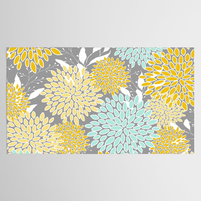 Floral Prints and Leaves, Gray, Yellow and Aqua Tablecloth Gallery Image 2