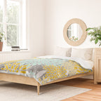 Floral Prints and Leaves, Gray, Yellow and Aqua Duvet Cover Gallery Image 2