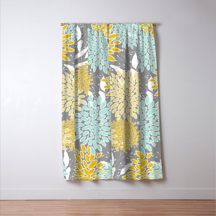 Floral Prints and Leaves, Gray, Yellow and Aqua Window Curtain Gallery Image 3