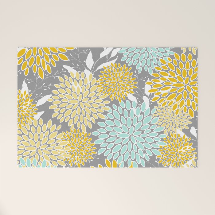 Floral Prints and Leaves, Gray, Yellow and Aqua Welcome Mat Gallery Image 1