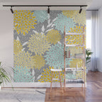 Floral Prints and Leaves, Gray, Yellow and Aqua Wall Mural Gallery Image 1