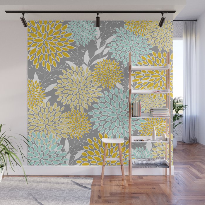 Floral Prints and Leaves, Gray, Yellow and Aqua Wall Mural Gallery Image 1