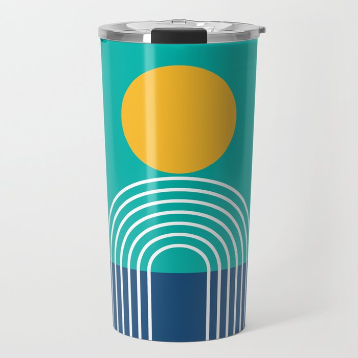 Geometric Lines in Blue Teal Yellow (Sun and Rainbow abstraction) Travel Mug Gallery Image 1