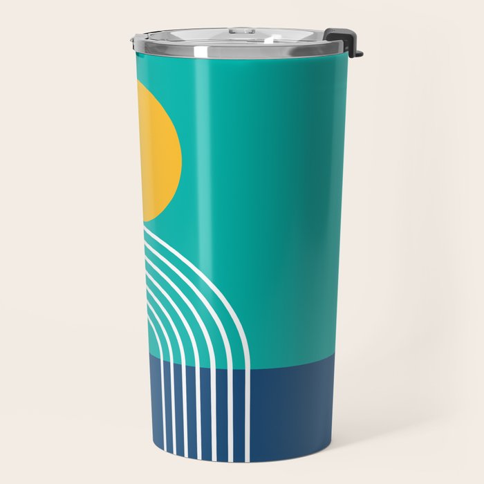 Geometric Lines in Blue Teal Yellow (Sun and Rainbow abstraction) Travel Mug Gallery Image 2