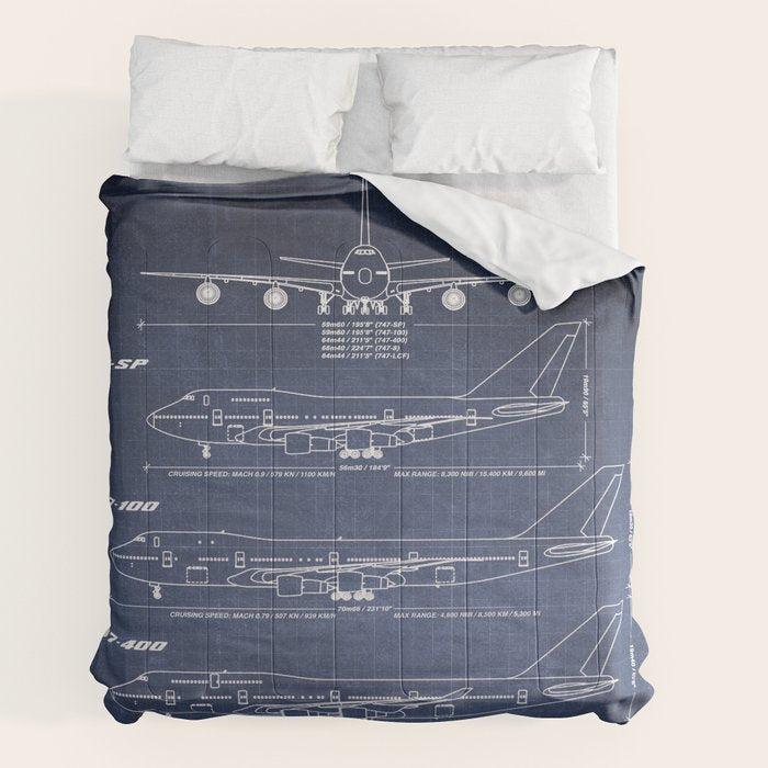 Boeing 747 Family Blueprint in High Resolution (dark blue) Comforter Gallery Image 7