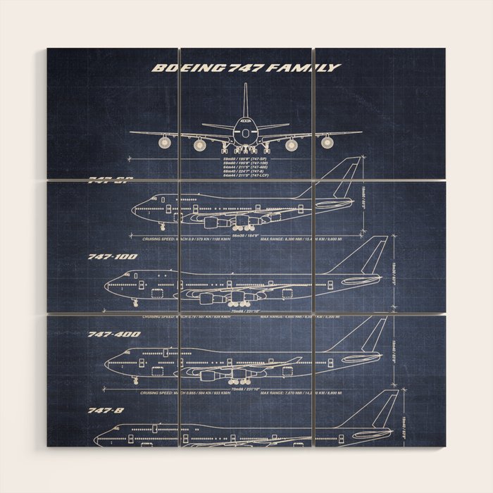 Boeing 747 Family Blueprint in High Resolution (dark blue) Wood Wall Art Gallery Image 1