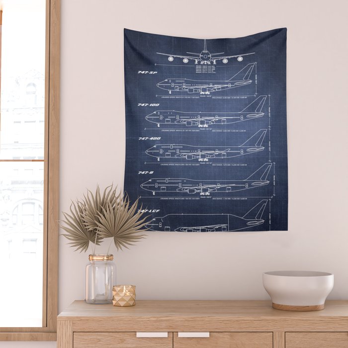 Boeing 747 Family Blueprint in High Resolution (dark blue) Wall Tapestry Gallery Image 2