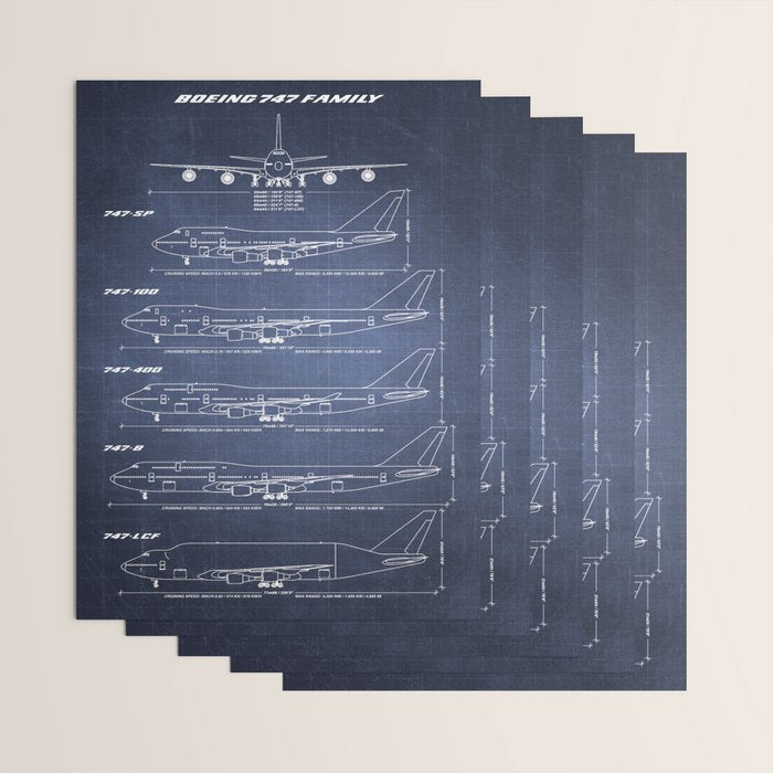 Boeing 747 Family Blueprint in High Resolution (dark blue) Wrapping Paper Gallery Image 3