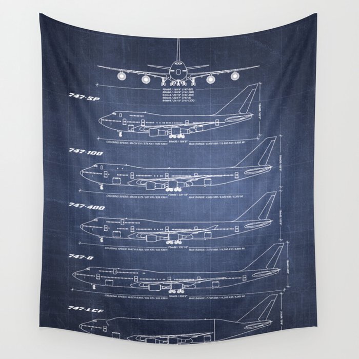 Boeing 747 Family Blueprint in High Resolution (dark blue) Wall Tapestry Gallery Image 1