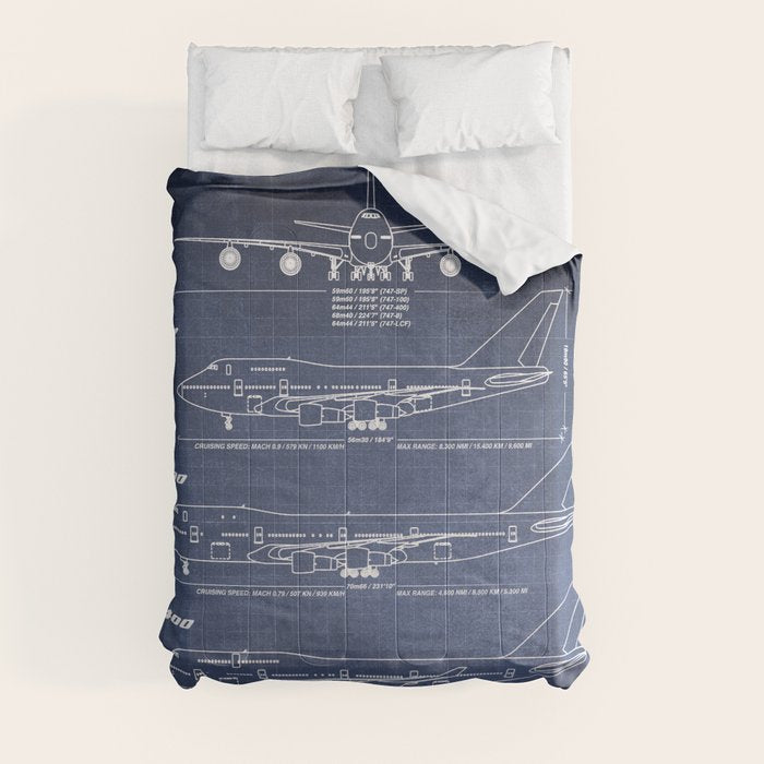 Boeing 747 Family Blueprint in High Resolution (dark blue) Comforter Gallery Image 8