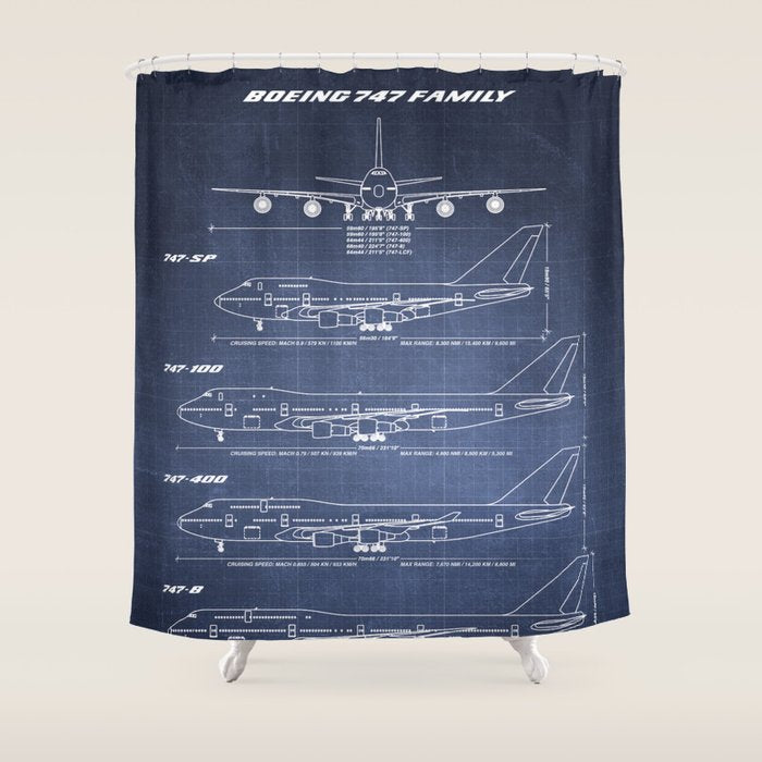 Boeing 747 Family Blueprint in High Resolution (dark blue) Shower Curtain Gallery Image 1