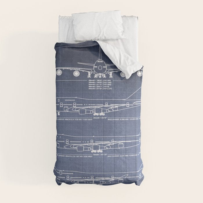 Boeing 747 Family Blueprint in High Resolution (dark blue) Comforter Gallery Image 9
