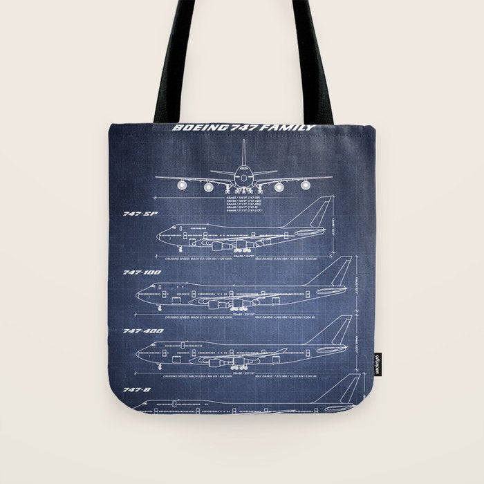 Boeing 747 Family Blueprint in High Resolution (dark blue) Tote Bag Gallery Image 1