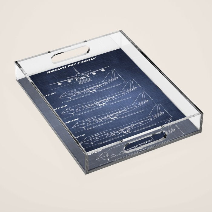 Boeing 747 Family Blueprint in High Resolution (dark blue) Acrylic Tray Gallery Image 1