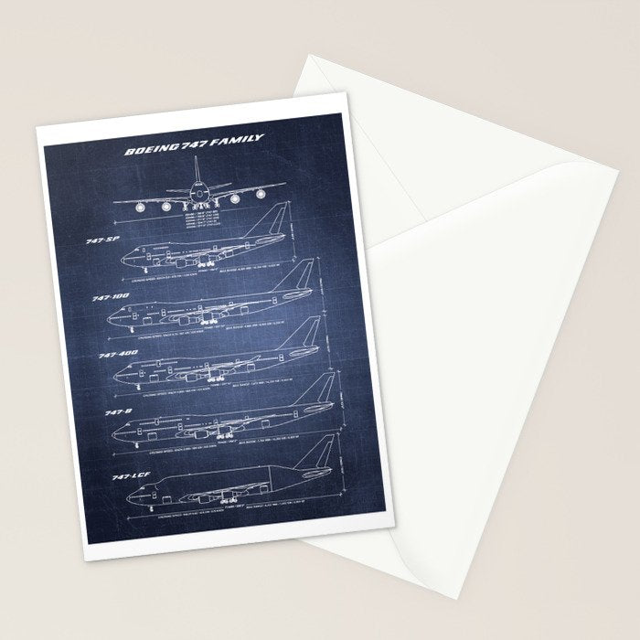 Boeing 747 Family Blueprint in High Resolution (dark blue) Stationery Card Gallery Image 2