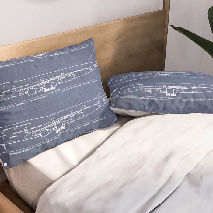 Boeing 747 Family Blueprint in High Resolution (dark blue) Pillow Sham Gallery Image 2