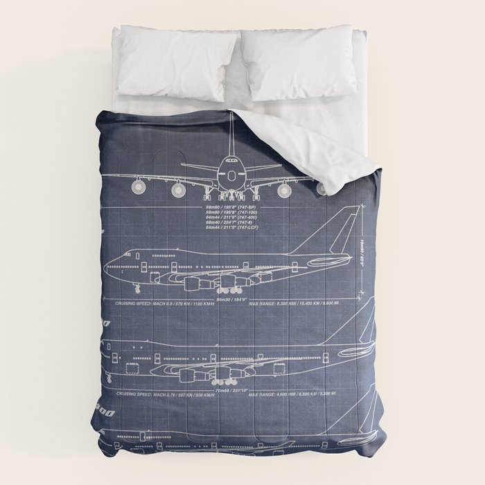 Boeing 747 Family Blueprint in High Resolution (dark blue) Comforter Gallery Image 1