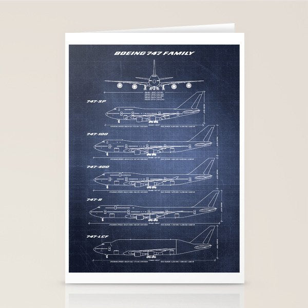 Boeing 747 Family Blueprint in High Resolution (dark blue) Stationery Card Gallery Image 1
