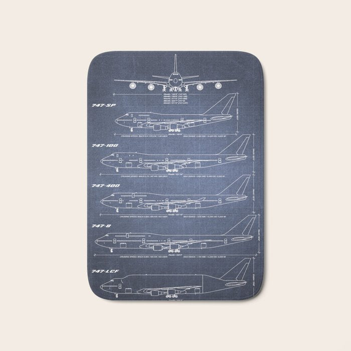 Boeing 747 Family Blueprint in High Resolution (dark blue) Bath Mat Gallery Image 1