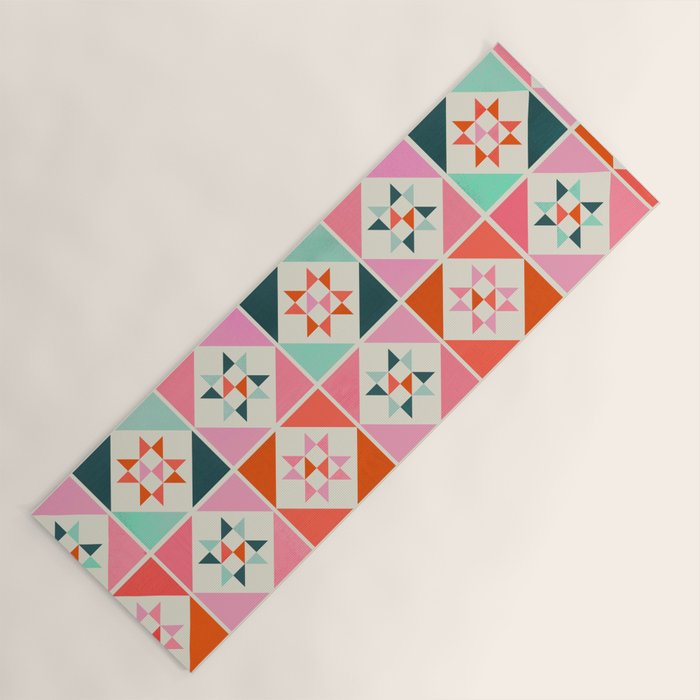 Festive Quilt Pattern in Pink, Red And Green Yoga Mat Gallery Image 1
