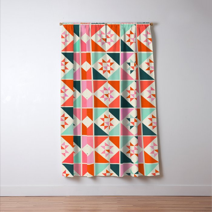 Festive Quilt Pattern in Pink, Red And Green Window Curtain Gallery Image 3