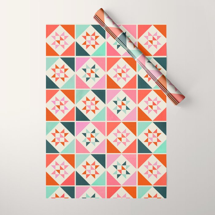 Festive Quilt Pattern in Pink, Red And Green Wrapping Paper Gallery Image 1