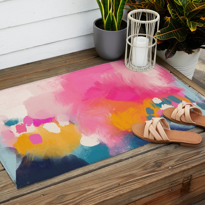 Pink reflection-abstract- pink, blue ,orange Outdoor Rug Gallery Image 2