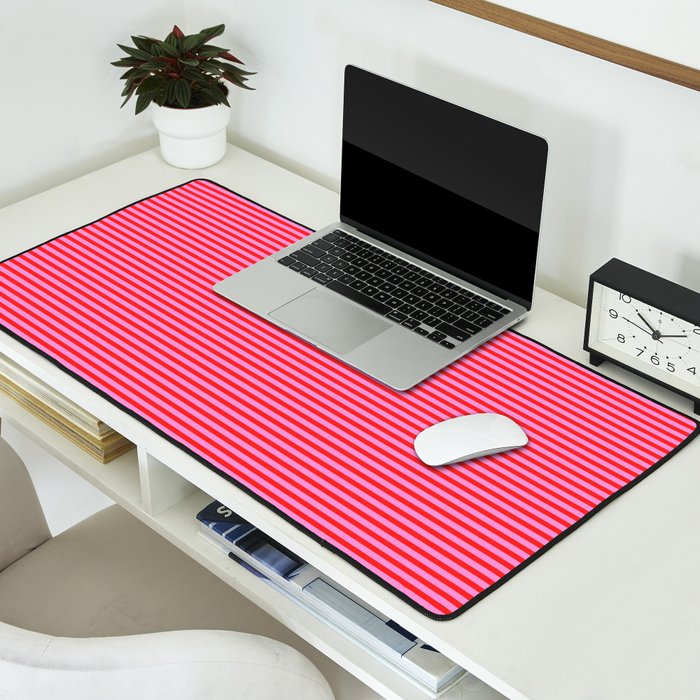Ultra Fine Stripes Preppy Pink and Red Horizontal Pattern Desk Mat Gallery Image 2