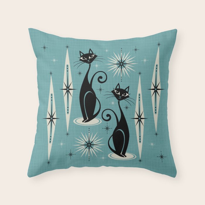 Mid Century Meow Retro Atomic Cats on Blue Throw Pillow Gallery Image 6