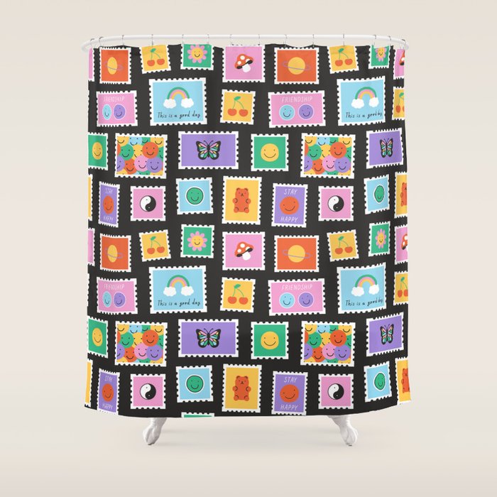 Retro funny cartoon postage stamp sticker pattern Shower Curtain Gallery Image 1