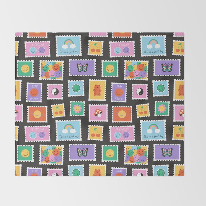 Retro funny cartoon postage stamp sticker pattern Throw Blanket Gallery Image 2