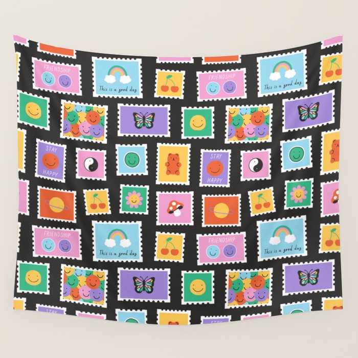 Retro funny cartoon postage stamp sticker pattern Wall Tapestry Gallery Image 1