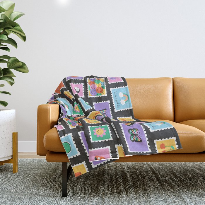 Retro funny cartoon postage stamp sticker pattern Throw Blanket Gallery Image 1