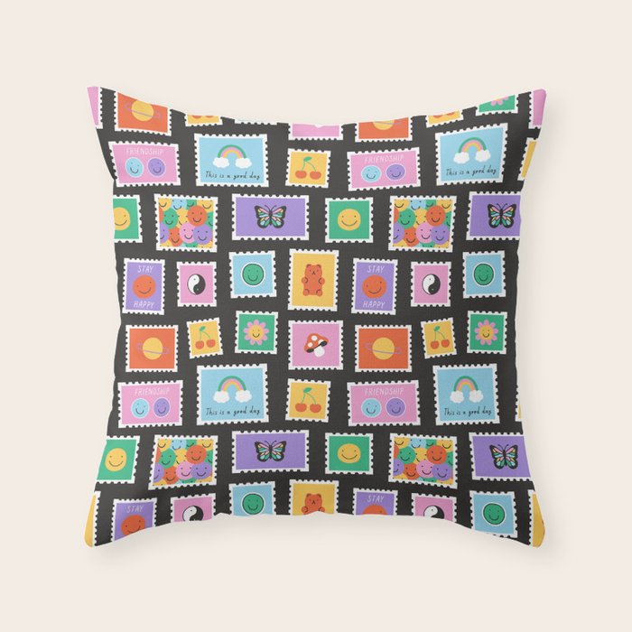 Retro funny cartoon postage stamp sticker pattern Throw Pillow Gallery Image 1