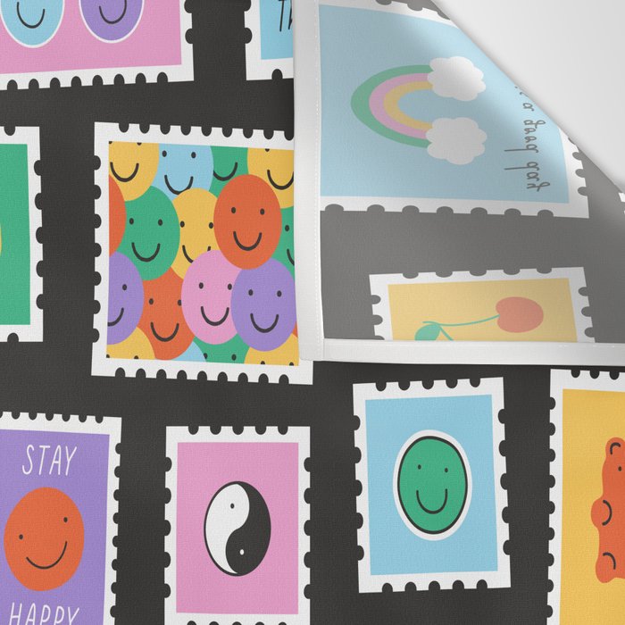 Retro funny cartoon postage stamp sticker pattern Wall Tapestry Gallery Image 3