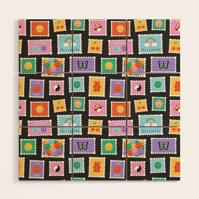 Retro funny cartoon postage stamp sticker pattern Wood Wall Art Gallery Image 1