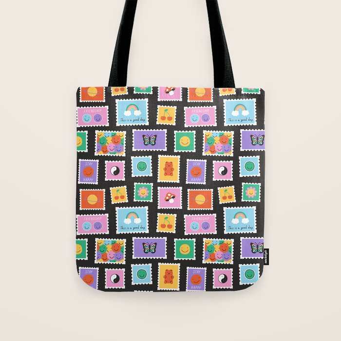 Retro funny cartoon postage stamp sticker pattern Tote Bag Gallery Image 1